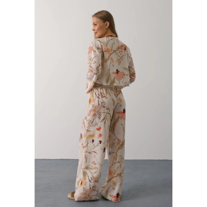 Çiçek Desen Önü Bağlamalı Pantolon Takım - Taş