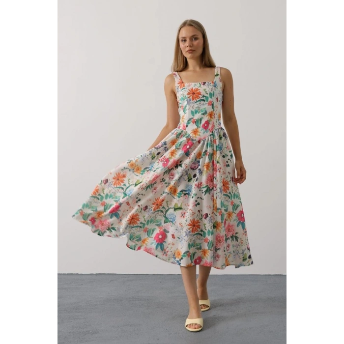 Çiçek Desenli Askılı Elbise - Pembe Çiçek