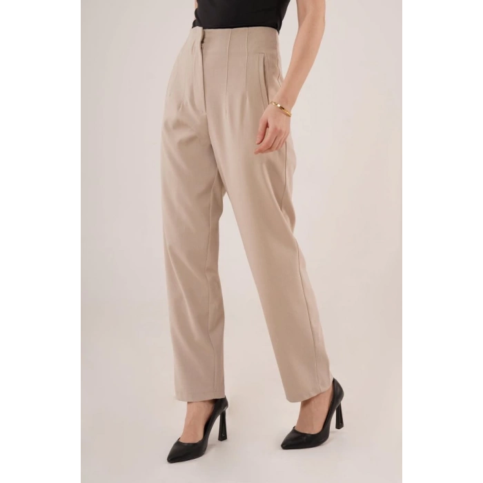 Çift Pens Detaylı Krem Pantolon