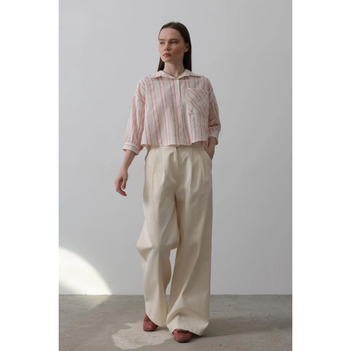 Çift Pileli Palazzo Pantolon - Natür