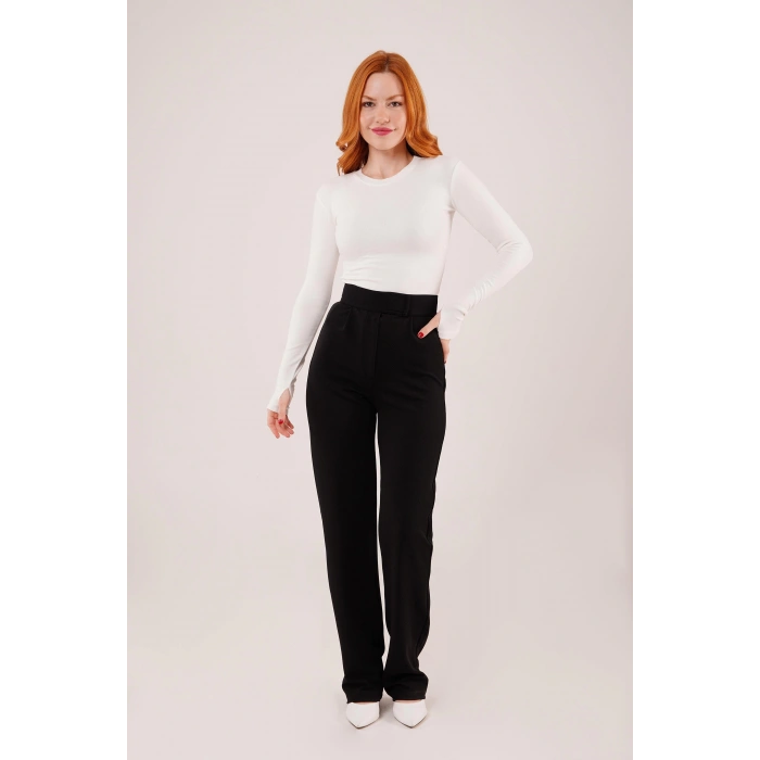 Cırt Kapama Detaylı Siyah Pantolon