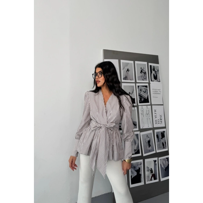 ÇİZGİLİ BAĞLAMA DETAYLI KRUVAZE POPLİN GÖMLEK - Kahverengi