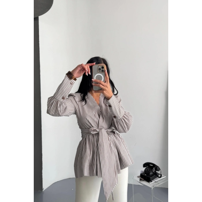 ÇİZGİLİ BAĞLAMA DETAYLI KRUVAZE POPLİN GÖMLEK - Kahverengi