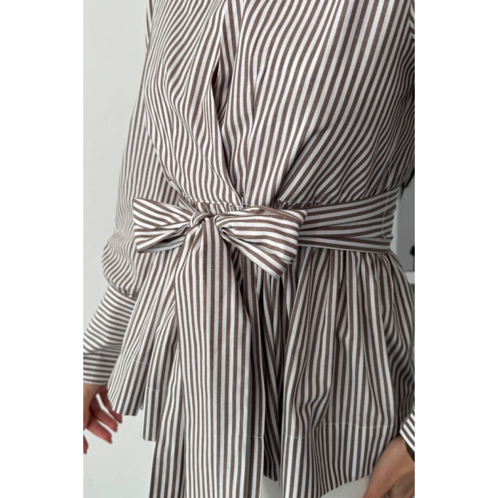 ÇİZGİLİ BAĞLAMA DETAYLI KRUVAZE POPLİN GÖMLEK - Kahverengi