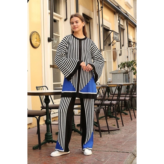 Çizgili bisiklet yaka triko takım siyah