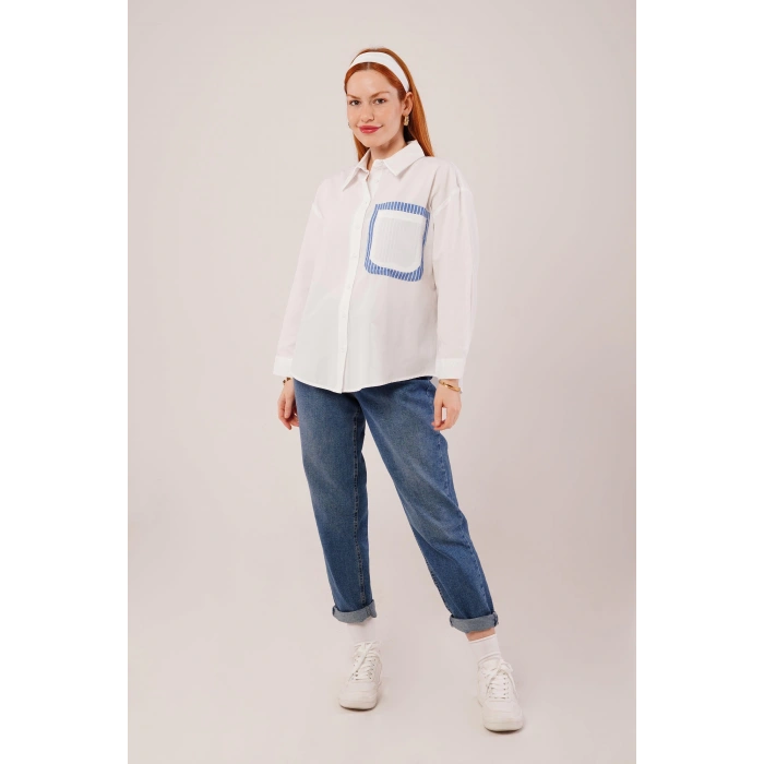 Çizgili Cep Detaylı Beyaz Gömlek