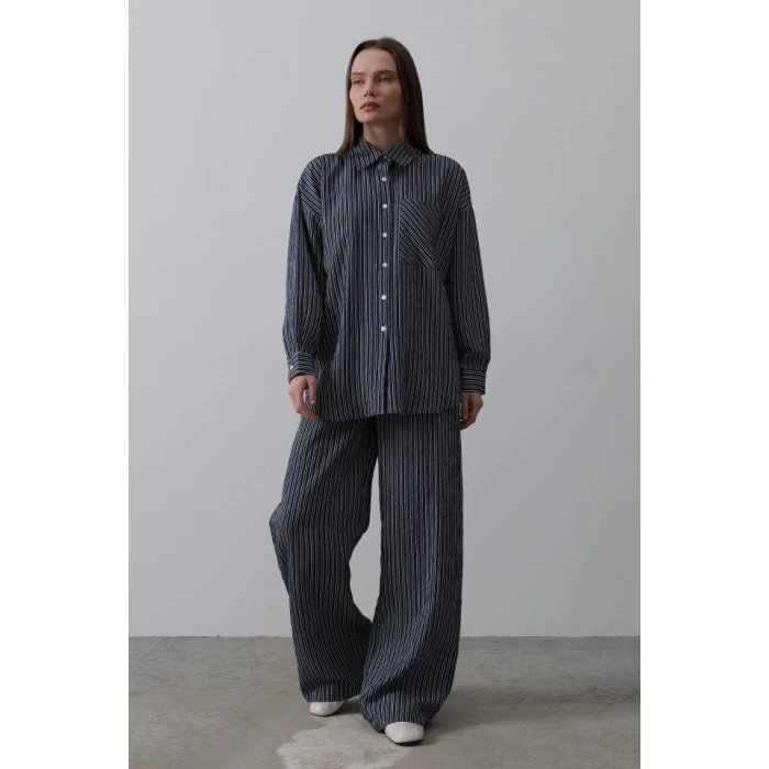 Çizgili Cep Detaylı Oversize Takım - Lacivert