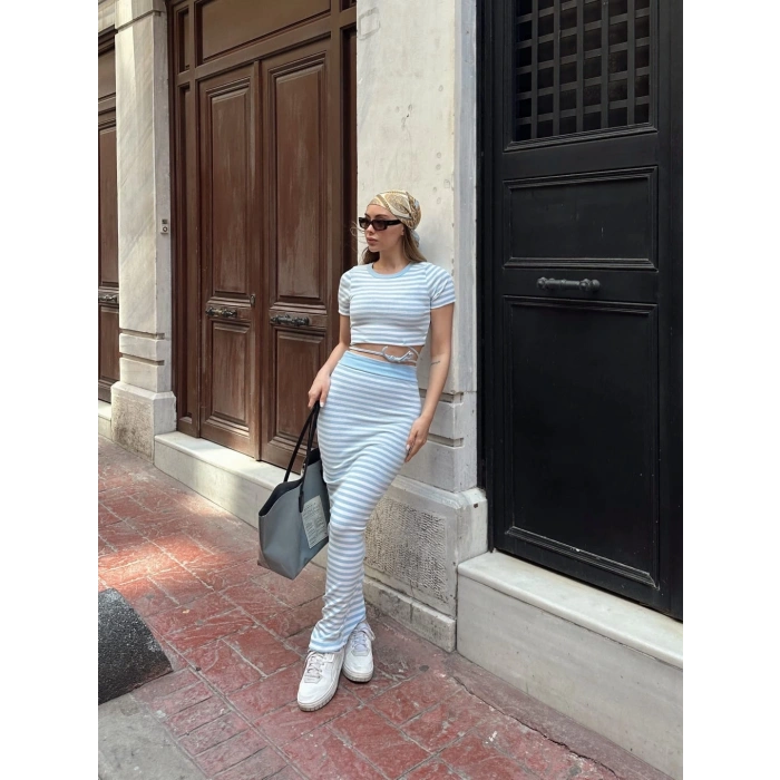 Çizgili etekli takım mavi s3609