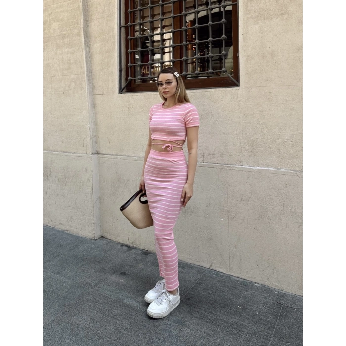 Çizgili etekli takım pembe s3609