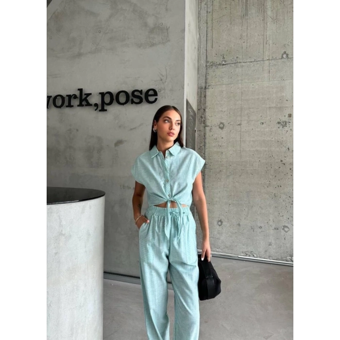 ÇİZGİLİ KETEN KOLSUZ CROP PANTOLON TAKIM - Yeşil