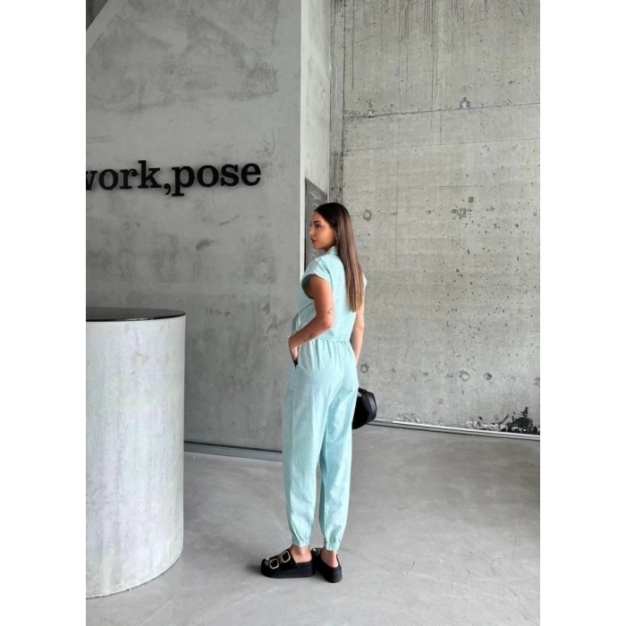 ÇİZGİLİ KETEN KOLSUZ CROP PANTOLON TAKIM - Yeşil