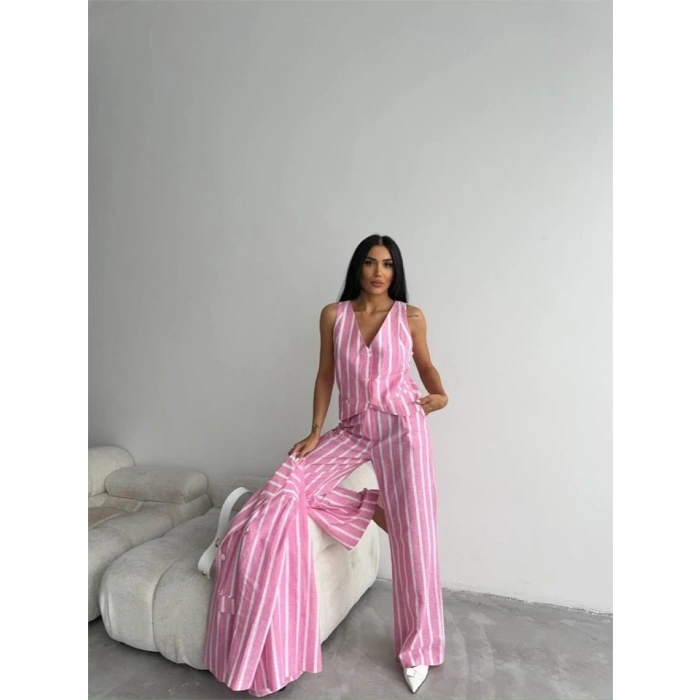 ÇİZGİLİ KETEN YELEK-PANTOLON TAKIM - Pembe