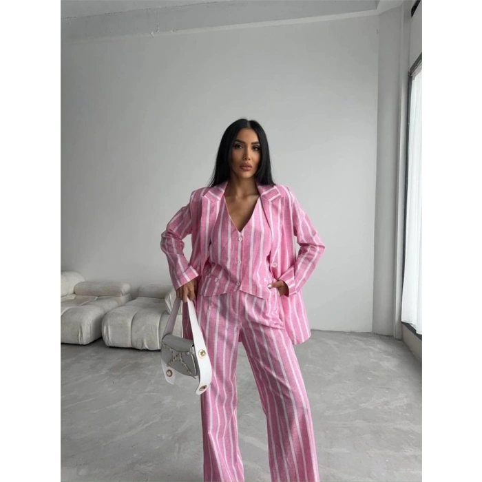 ÇİZGİLİ KETEN YELEK-PANTOLON TAKIM - Pembe