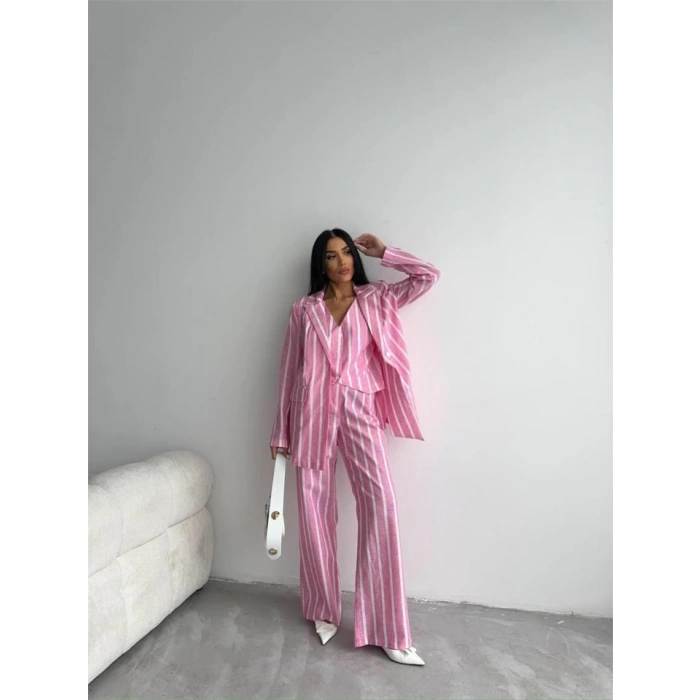 ÇİZGİLİ KETEN YELEK-PANTOLON TAKIM - Pembe