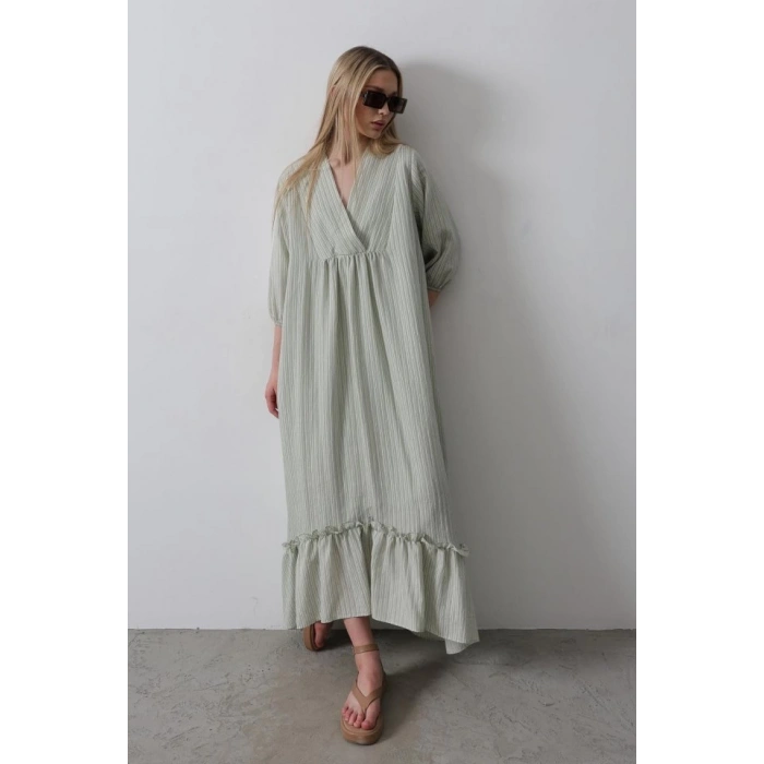 Çizgili Oversize V Yaka Elbise - Haki