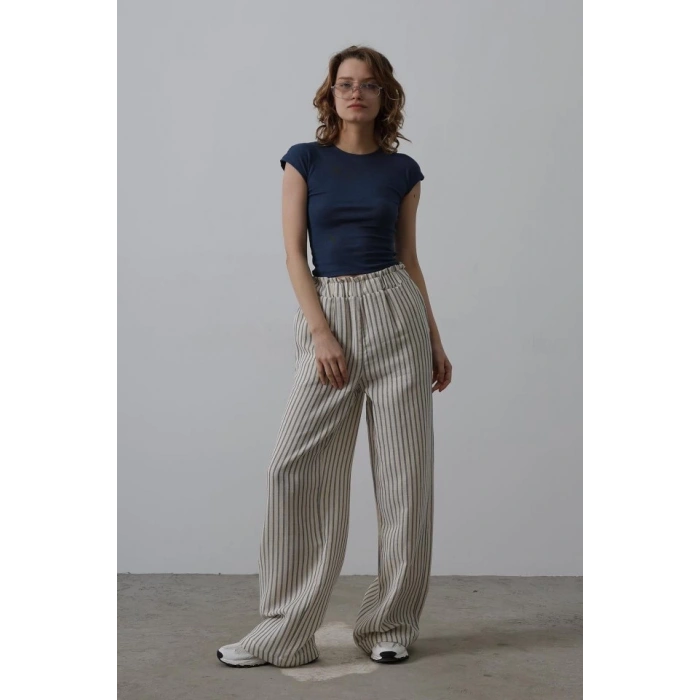 Çizgili Pamuklu Lastikli Pantolon - Bej-Lacivert