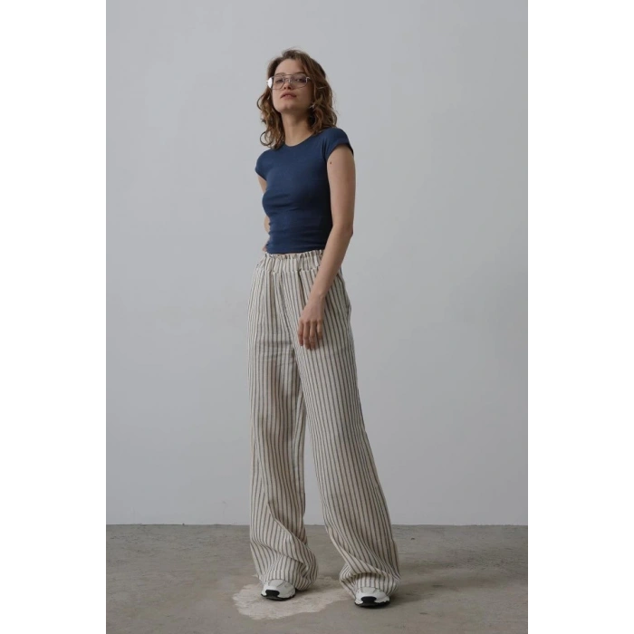 Çizgili Pamuklu Lastikli Pantolon - Bej-Lacivert