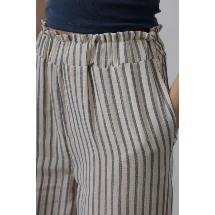 Çizgili Pamuklu Lastikli Pantolon - Bej-Lacivert