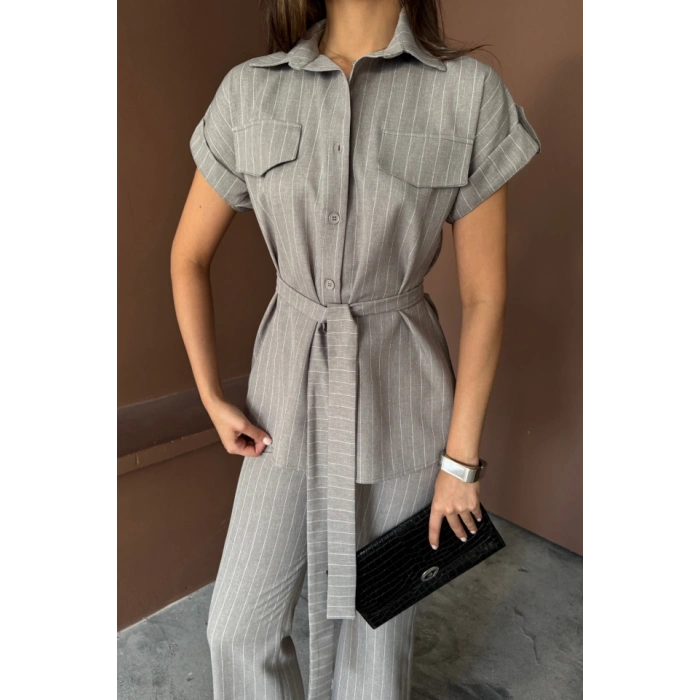 ÇİZGİLİ POLYVİSKON BLUZ - PANTOLON TAKIM - Gri