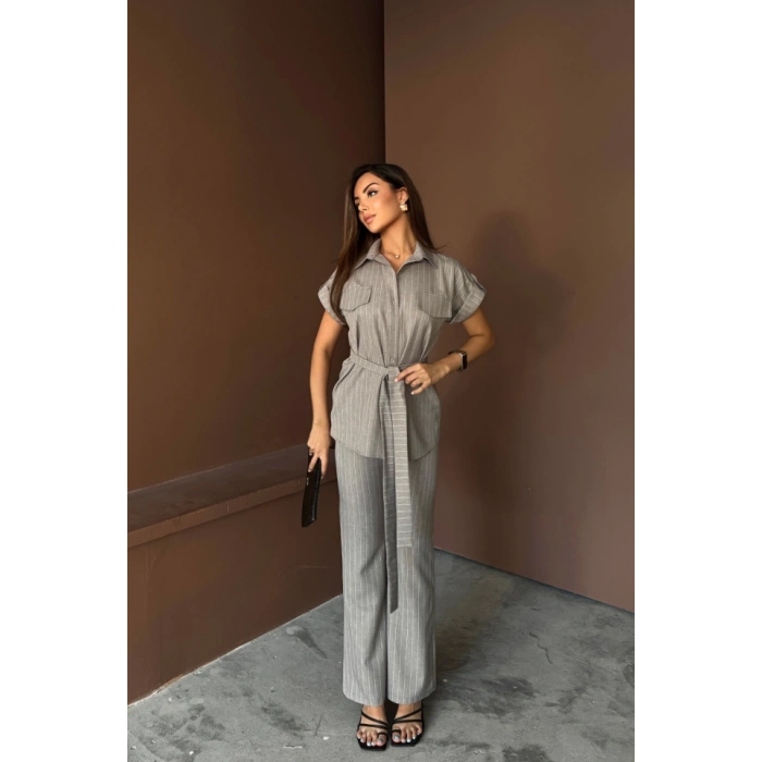 ÇİZGİLİ POLYVİSKON BLUZ - PANTOLON TAKIM - Gri