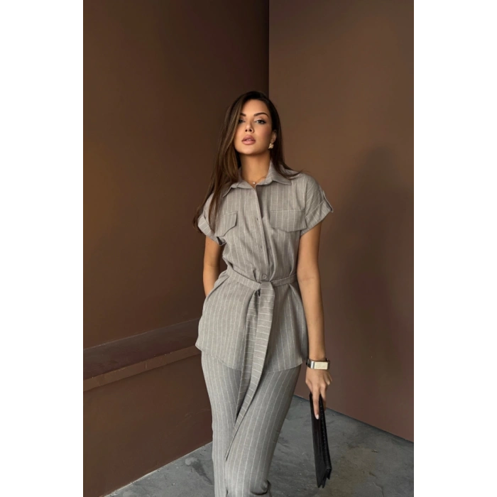 ÇİZGİLİ POLYVİSKON BLUZ - PANTOLON TAKIM - Gri