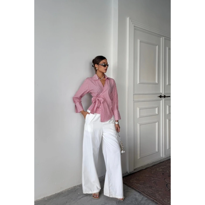 ÇİZGİLİ POPLİN KRUVAZE BAĞLAMALI GÖMLEK - Kırmızı