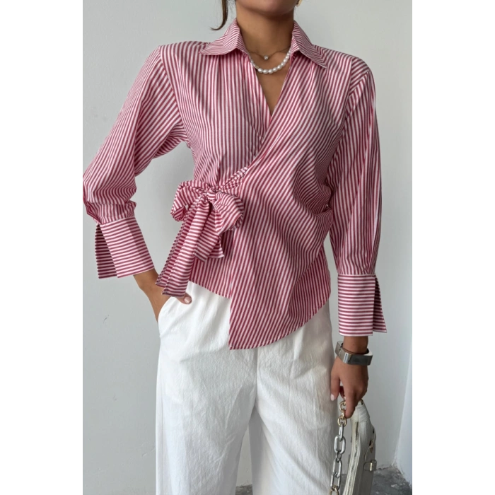 ÇİZGİLİ POPLİN KRUVAZE BAĞLAMALI GÖMLEK - Kırmızı