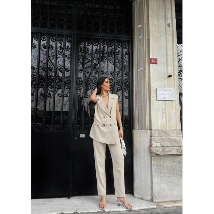 ÇİZGİLİ UZUN YELEK - PANTOLON TAKIM POLVİSCON - Bej