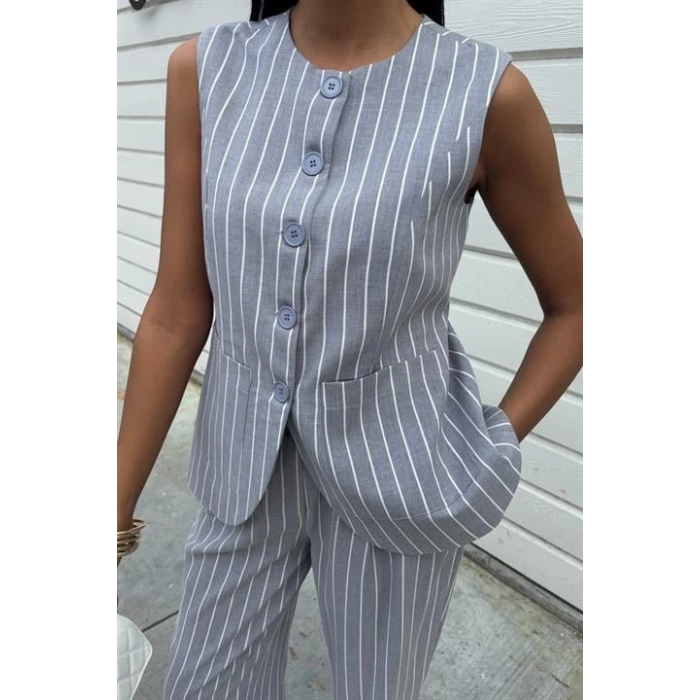 Çizgili Viscon Keten Yelekli Rahat Takım 10121