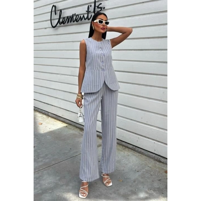 Çizgili Viscon Keten Yelekli Rahat Takım 10121