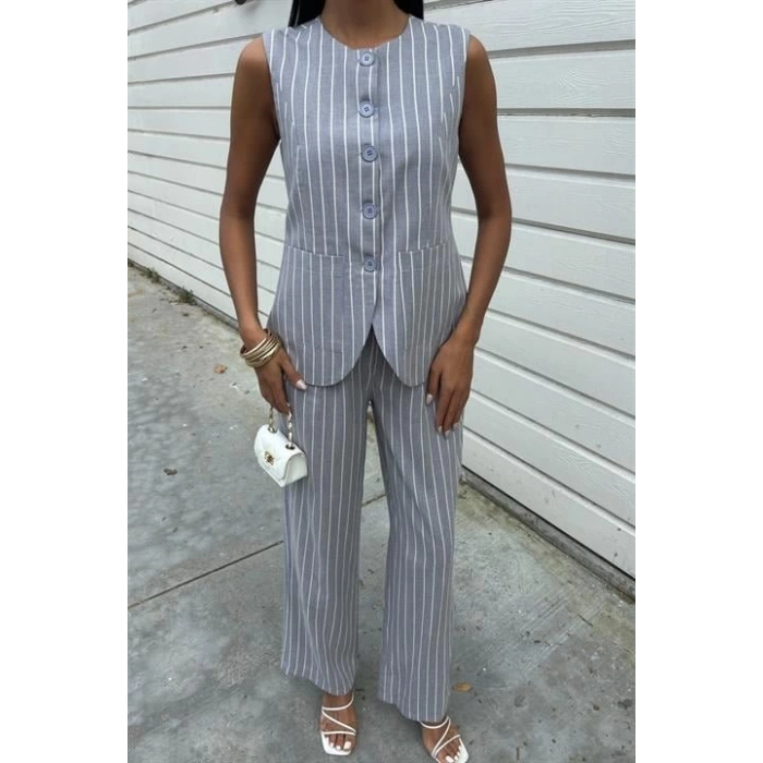 Çizgili Viscon Keten Yelekli Rahat Takım 10121