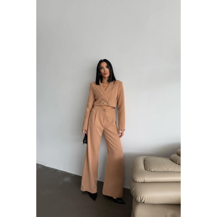 CROP CEKET - PANTOLON TAKIM GOLD DÜĞME DETAYLI - Kahverengi