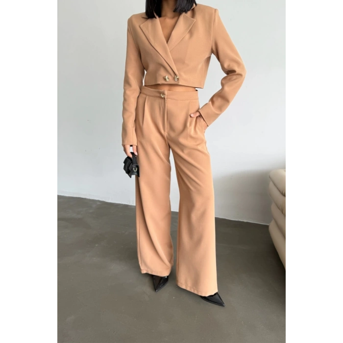 CROP CEKET - PANTOLON TAKIM GOLD DÜĞME DETAYLI - Kahverengi