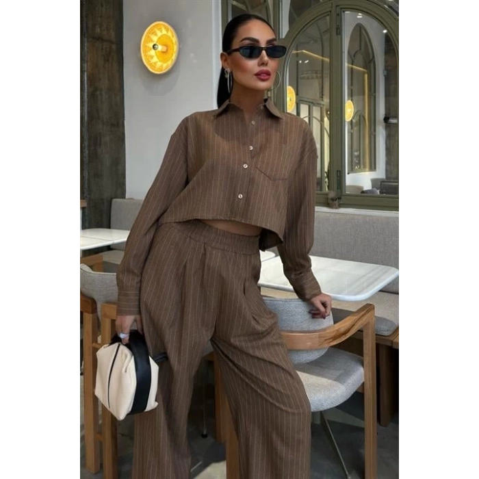 Crop Gömlekli Çizgili Takım 10080