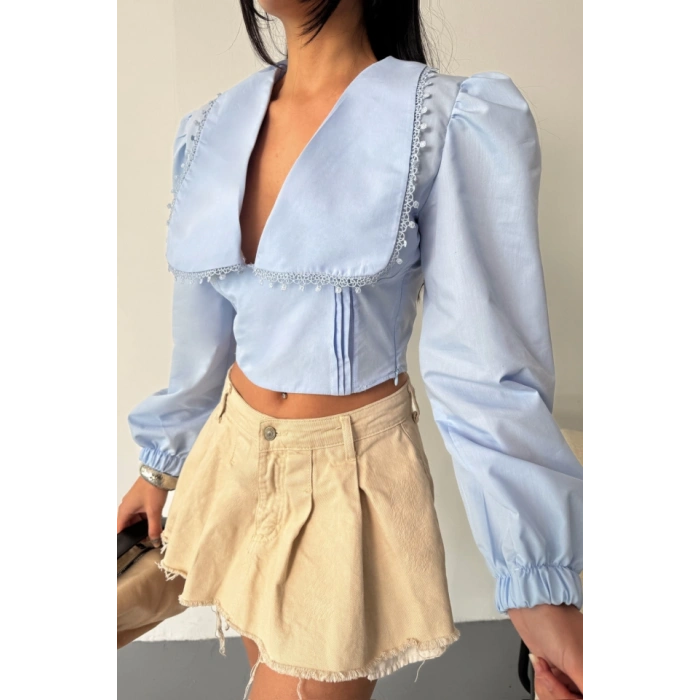 CROP POPLİN GÖMLEK YAKA KENAR DANTEL DETAYLI - Bebe Mavi
