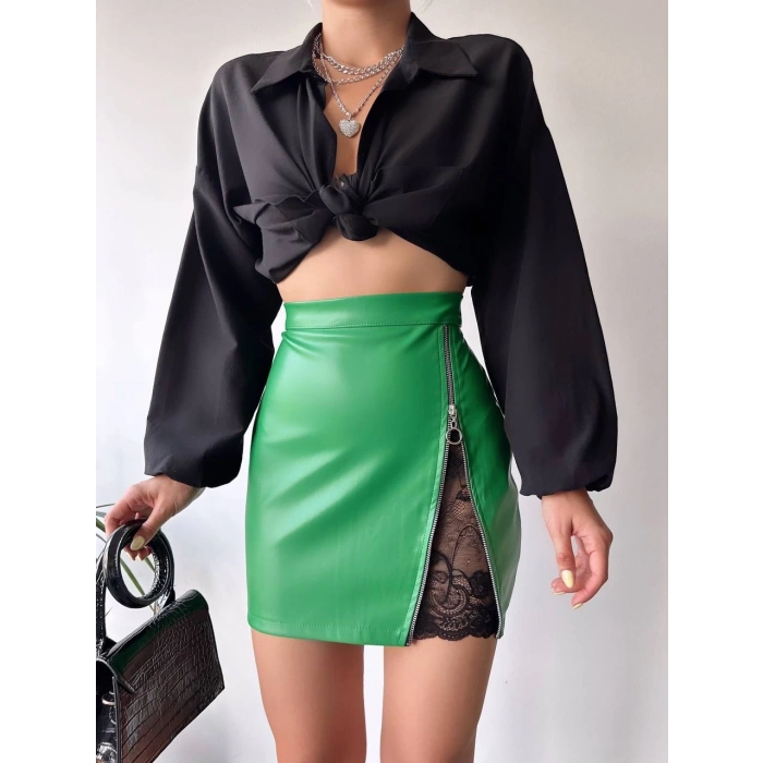Dantelli fermuarlı deri etek yeşil w24598