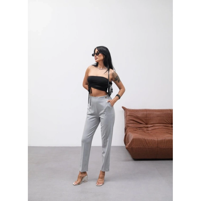 Dekorati̇f Düğmeli̇ Arka Bel Lasti̇kli̇ Pantolon