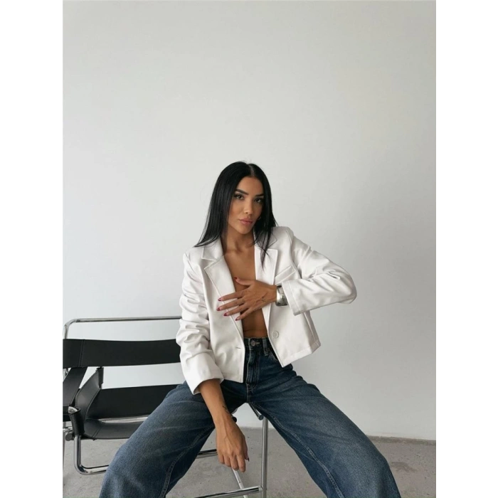 DERİ CROP CEKET TEK DÜĞME - Beyaz