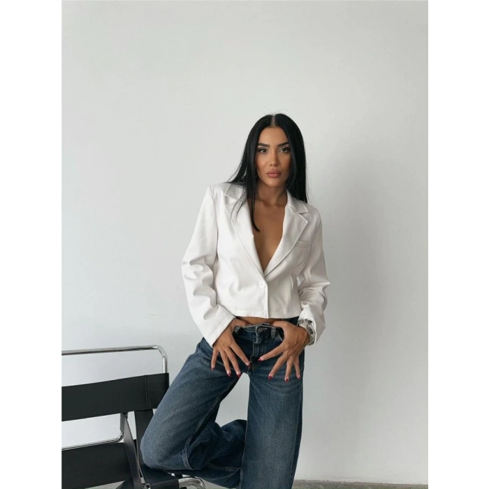 DERİ CROP CEKET TEK DÜĞME - Beyaz