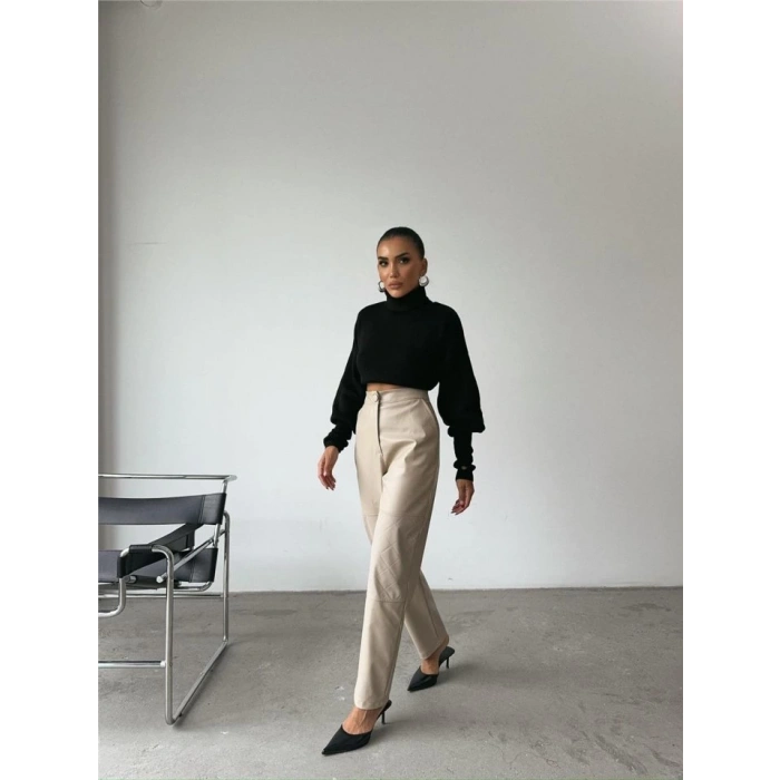 DERİ PANTOLON DİZ PARÇALI - Taş