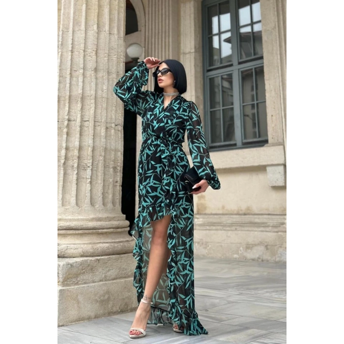 Desenli Desenli Fırfırlı Elbise