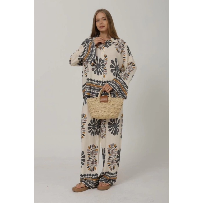 Desenli Kolları Volanlı Pantolon Takım - Antrasit