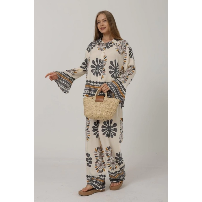 Desenli Kolları Volanlı Pantolon Takım - Antrasit