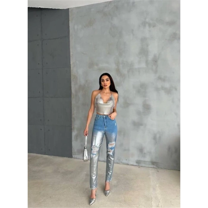 DİZ YIRTIK VARAKLI MOM KOT PANTOLON - Gümüş