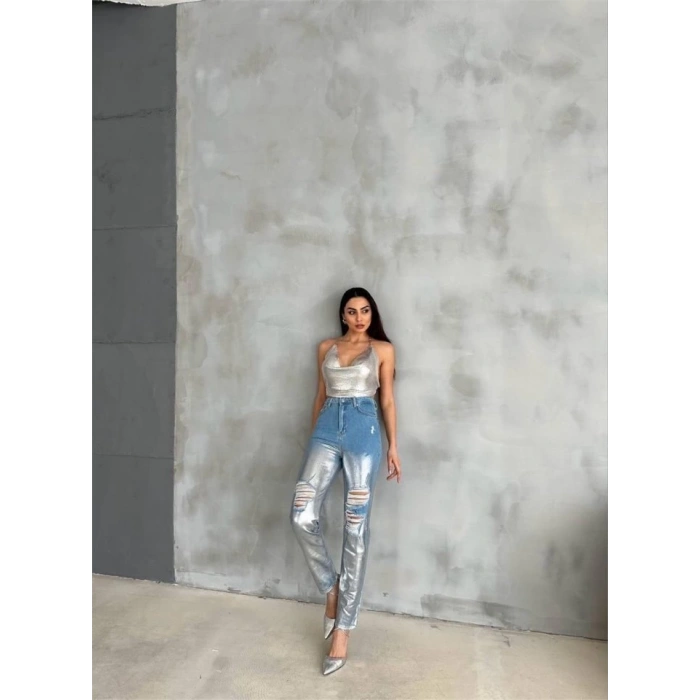 DİZ YIRTIK VARAKLI MOM KOT PANTOLON - Gümüş