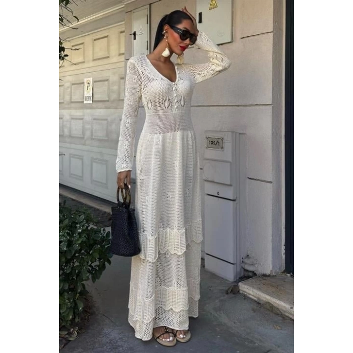 Düğme Detaylı Ve Kat Etekli Etnik Elbise 2859