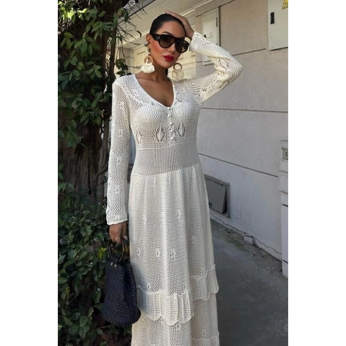 Düğme Detaylı Ve Kat Etekli Etnik Elbise 2859