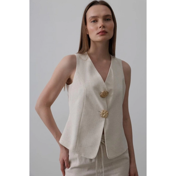 Düğme Detaylı Yelek - Krem