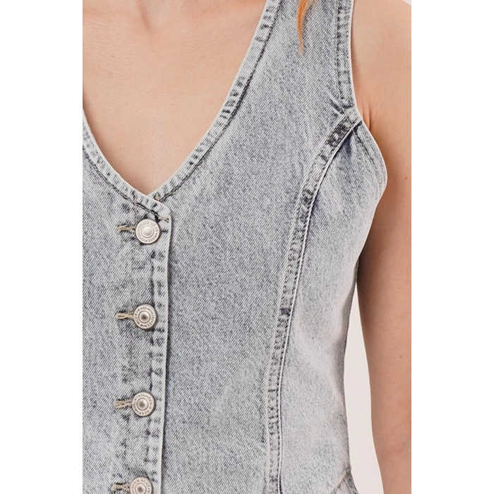 Düğme Ve Ön Dikiş Detaylı Mavi Jean Yelek