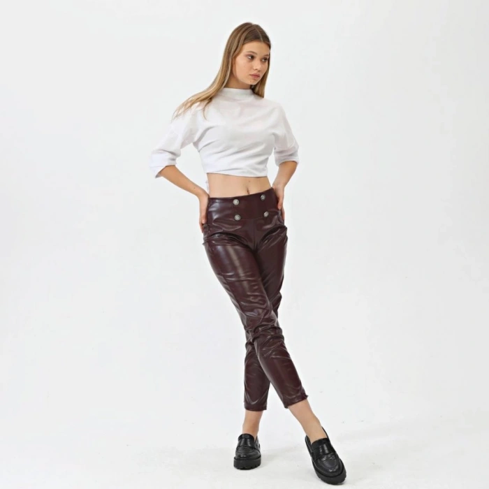 Düğmeli̇ Yan Fermuarli Deri̇ Pantolon